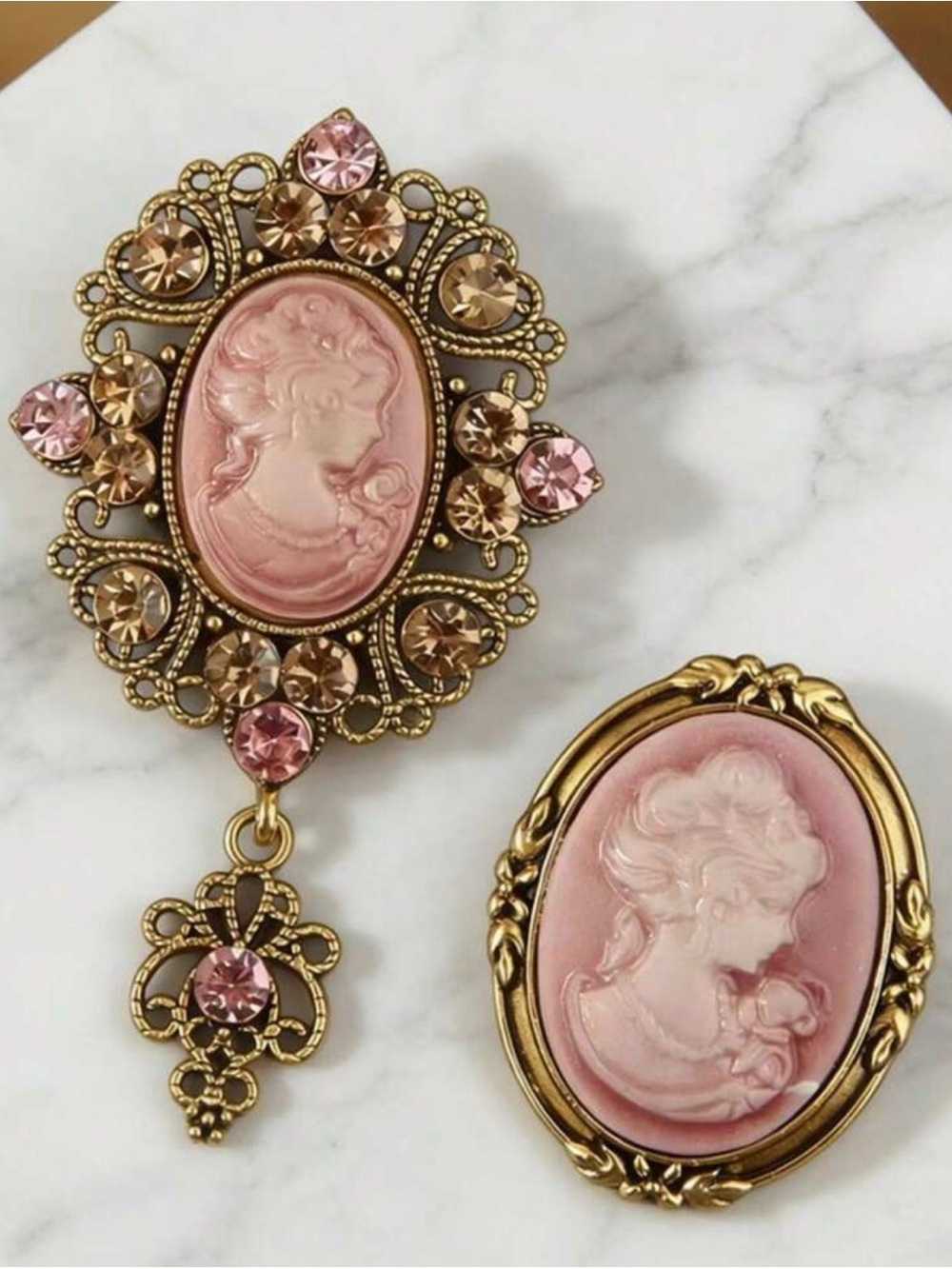 Antique Pink and Gold Cameo Brooch Set - Antique Women Jewelry - Picture 4 of 6